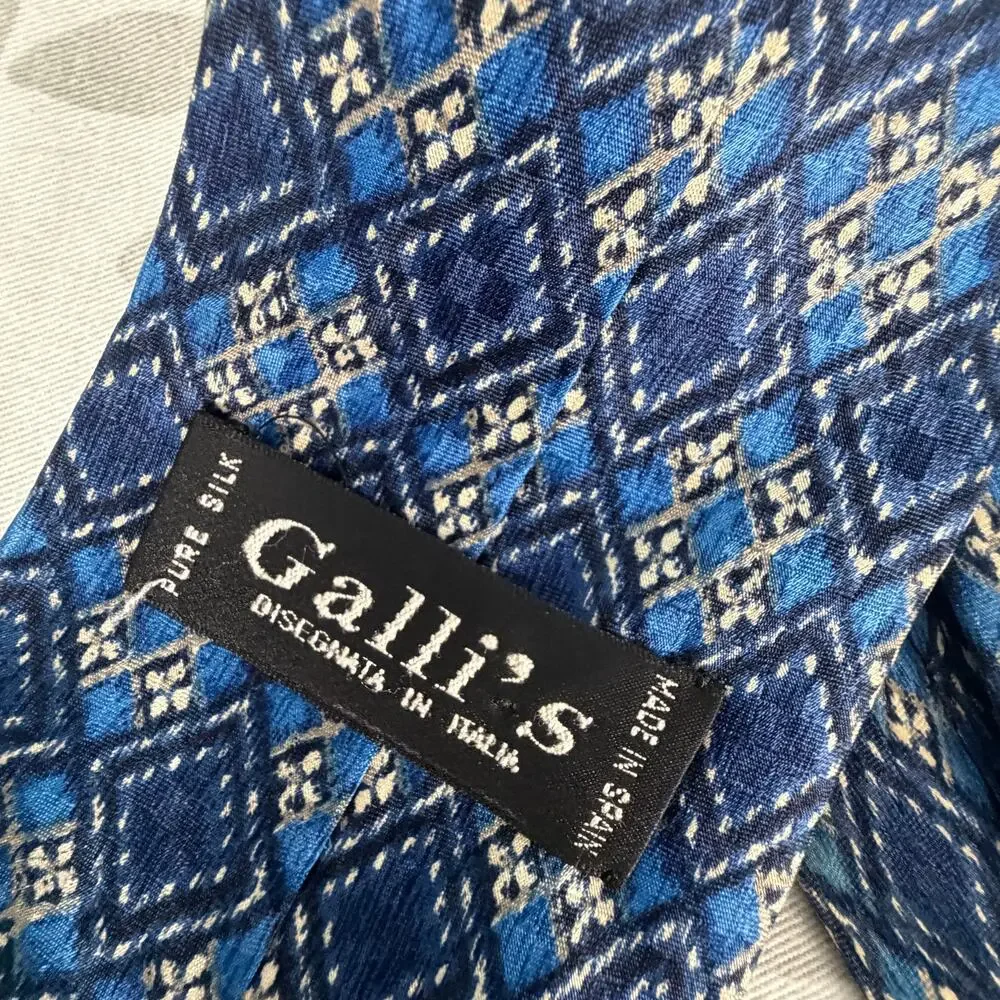 Galli's 100% Silk Necktie Spain Italy Blues and cream Classic 60.5 in long